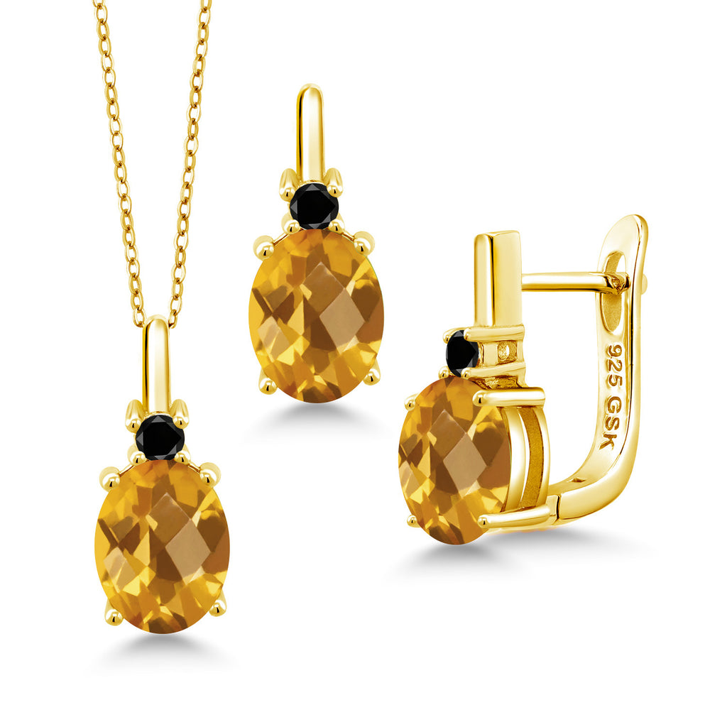 Citrine-Checkerboard - November_Pendant Earrings Set in 925 Yellow Gold Plated Silver