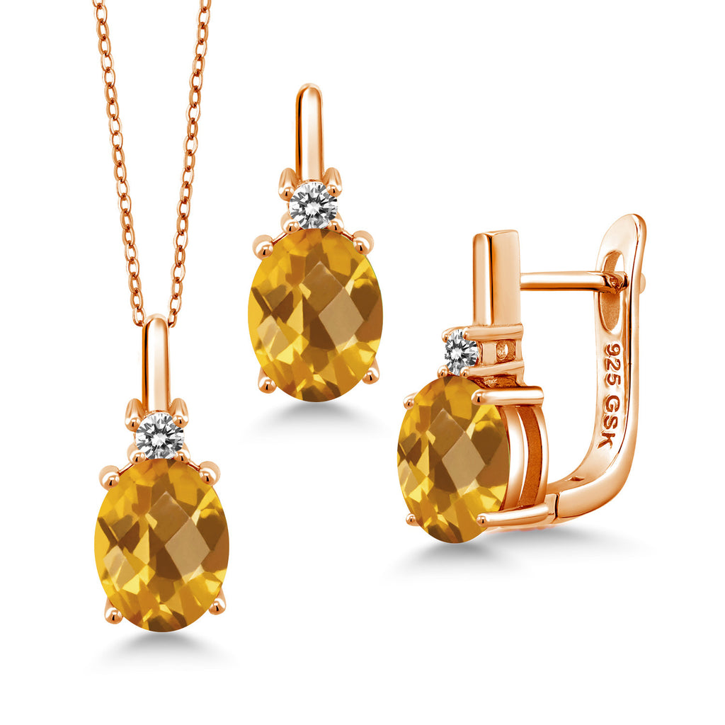 Citrine-Checkerboard - November_Pendant Earrings Set in 925 Rose Gold Plated Silver