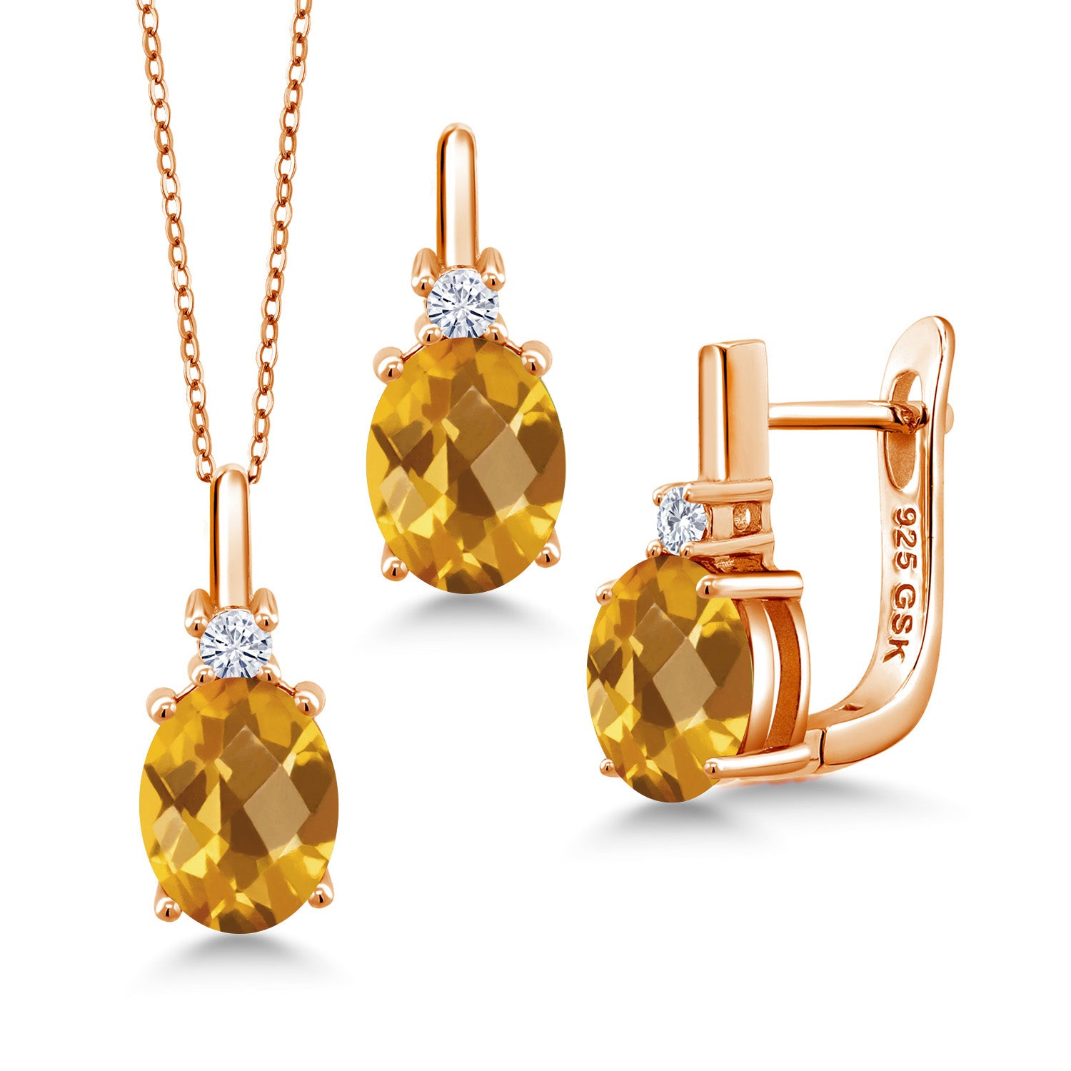 Citrine-Checkerboard - November_Pendant Earrings Set in 925 Rose Gold Plated Silver