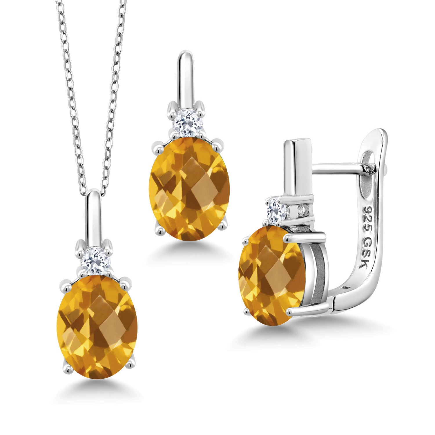 Citrine-Checkerboard - November_Pendant Earrings Set in 925 Sterling Silver