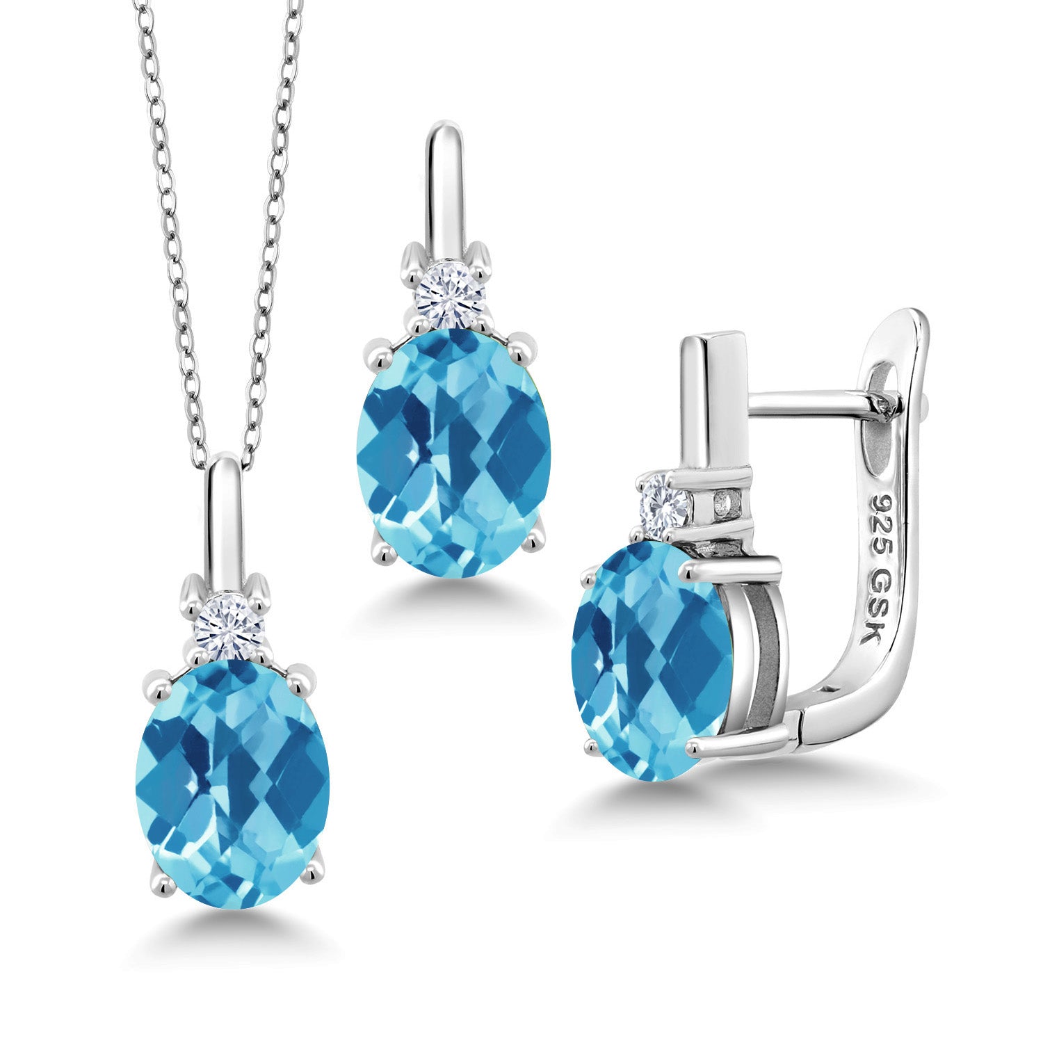 Swiss Blue Topaz-Checkerboard - November_Pendant Earrings Set in 925 Sterling Silver