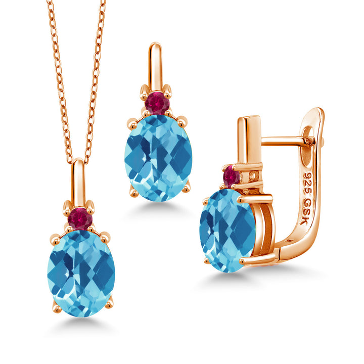 Swiss Blue Topaz-Checkerboard - November_Pendant Earrings Set in 925 Rose Gold Plated Silver
