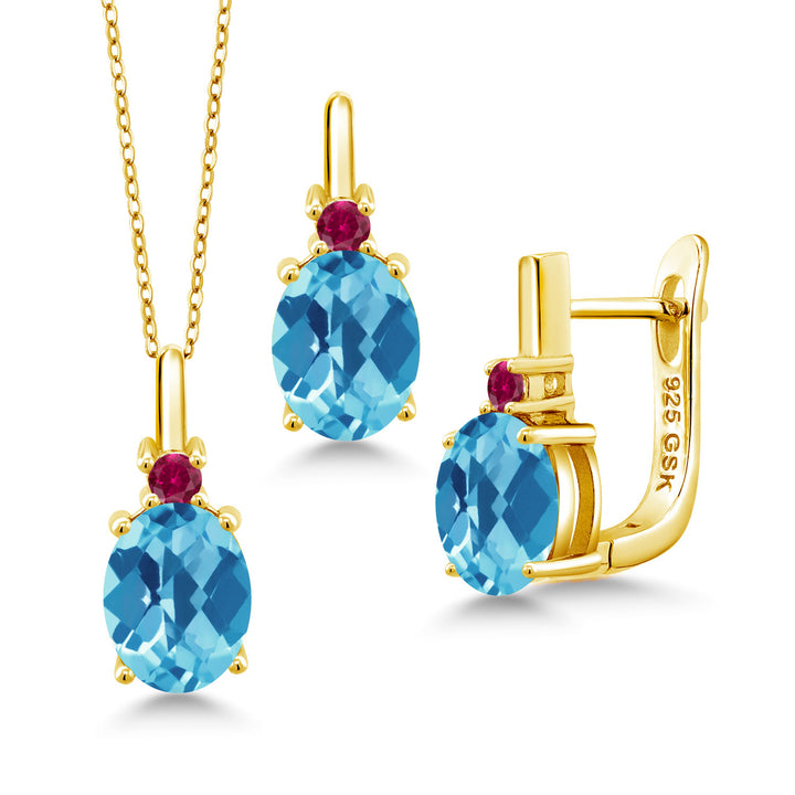 Swiss Blue Topaz-Checkerboard - November_Pendant Earrings Set in 925 Yellow Gold Plated Silver