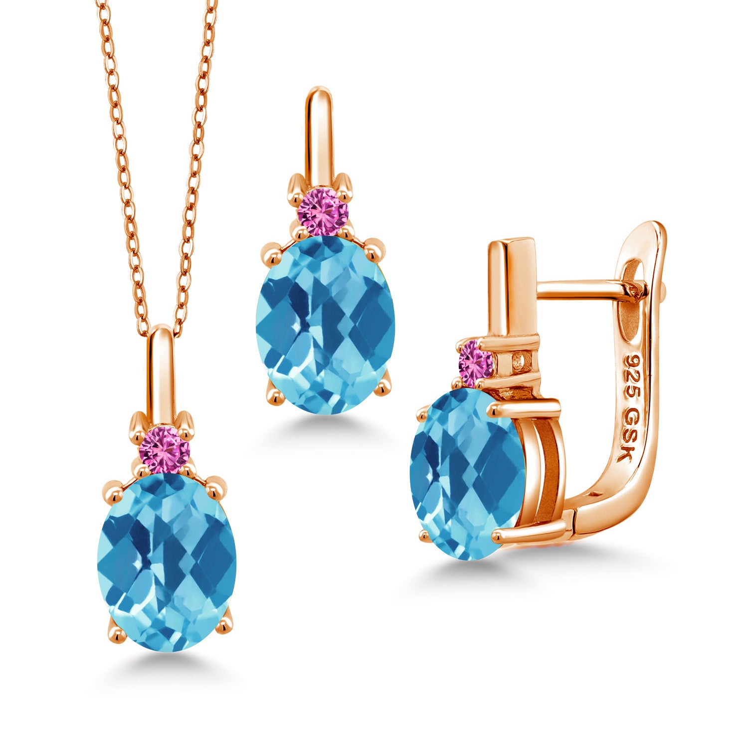 Swiss Blue Topaz-Checkerboard - November_Pendant Earrings Set in 925 Rose Gold Plated Silver