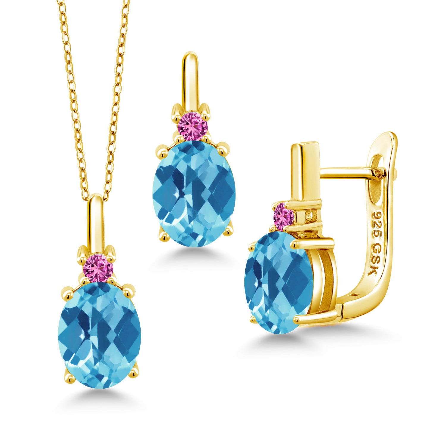 Swiss Blue Topaz-Checkerboard - November_Pendant Earrings Set in 925 Yellow Gold Plated Silver