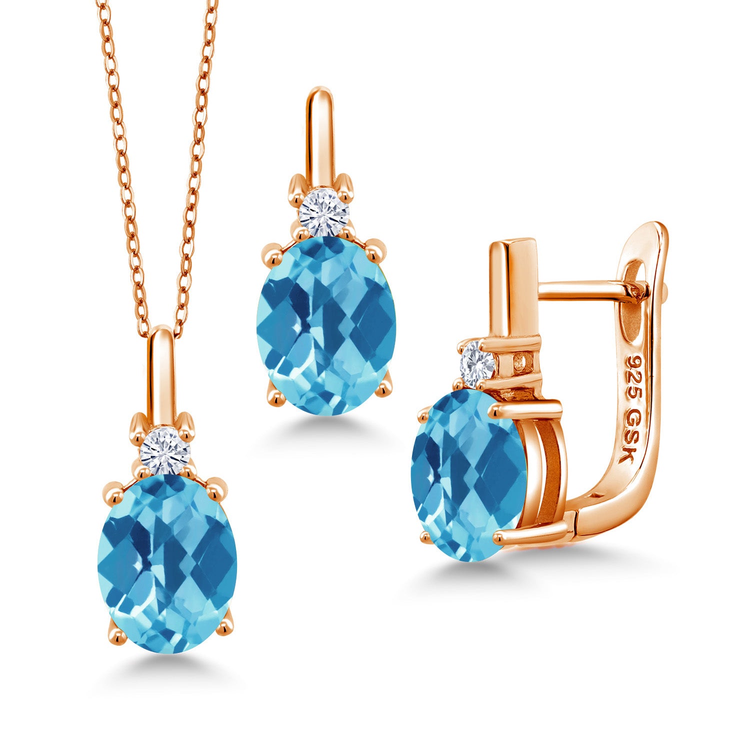 Swiss Blue Topaz-Checkerboard - November_Pendant Earrings Set in 925 Rose Gold Plated Silver