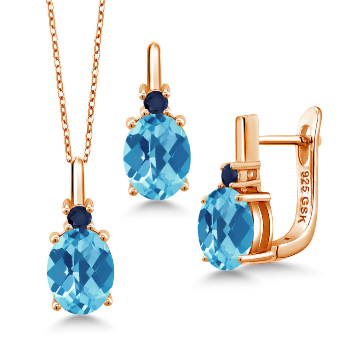 Swiss Blue Topaz-Checkerboard - November_Pendant Earrings Set in 925 Rose Gold Plated Silver