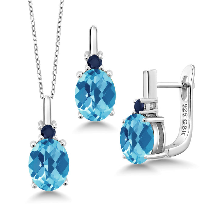 Swiss Blue Topaz-Checkerboard - November_Pendant Earrings Set in 925 Sterling Silver