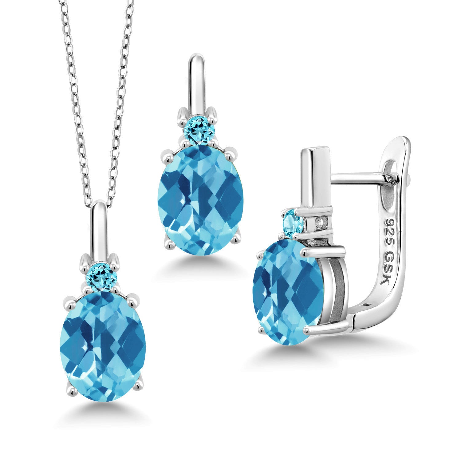 Swiss Blue Topaz-Checkerboard - November_Pendant Earrings Set in 925 Sterling Silver