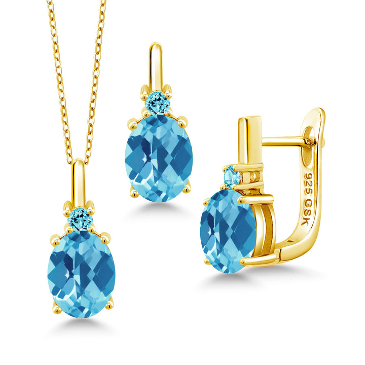 Swiss Blue Topaz-Checkerboard - November_Pendant Earrings Set in 925 Yellow Gold Plated Silver