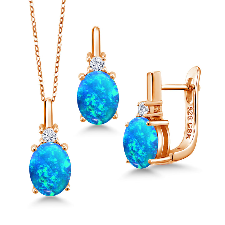 Blue Simulated Opal-Cabochon - October_Pendant Earrings Set in 925 Rose Gold Plated Silver