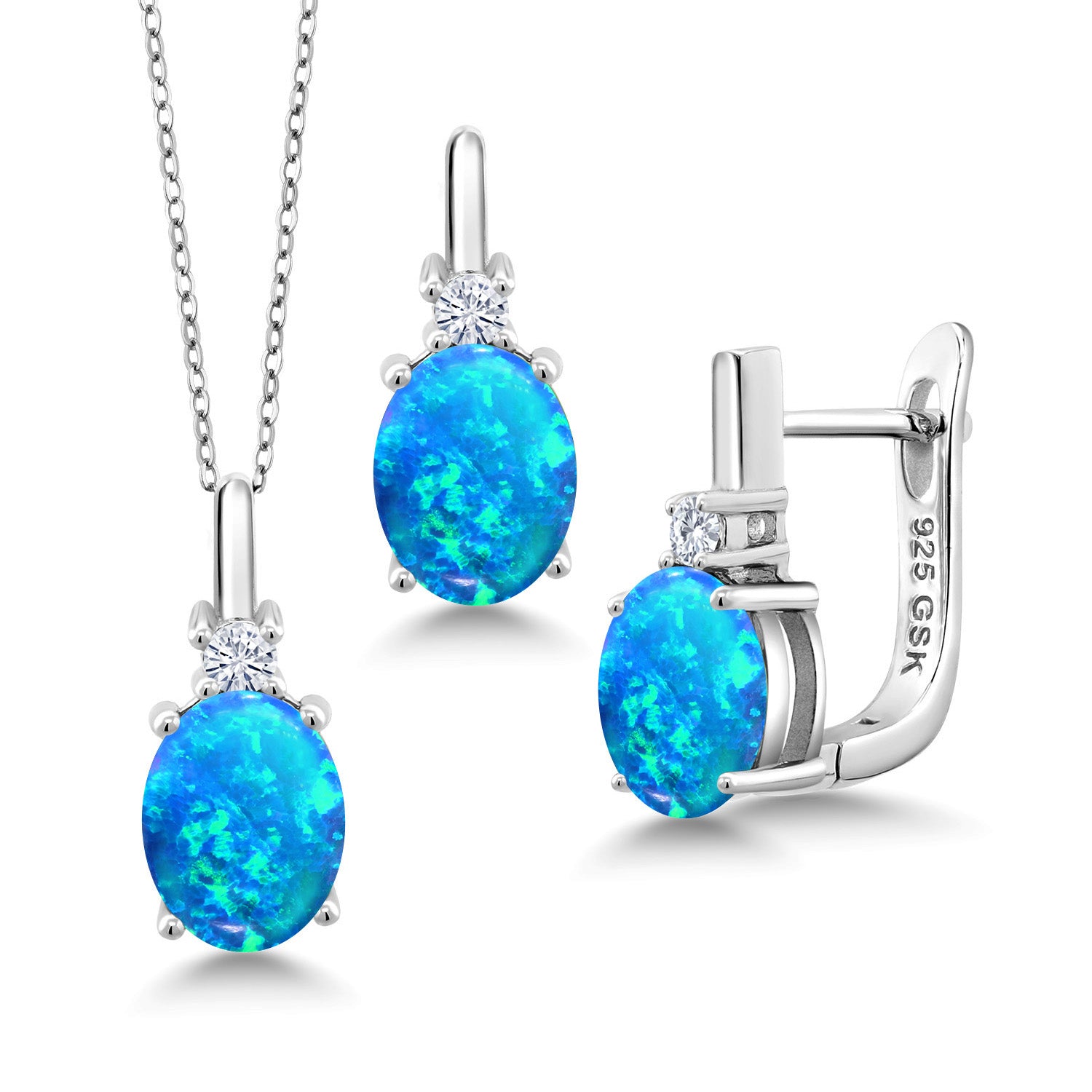 Blue Simulated Opal-Cabochon - October_Pendant Earrings Set in 925 Sterling Silver