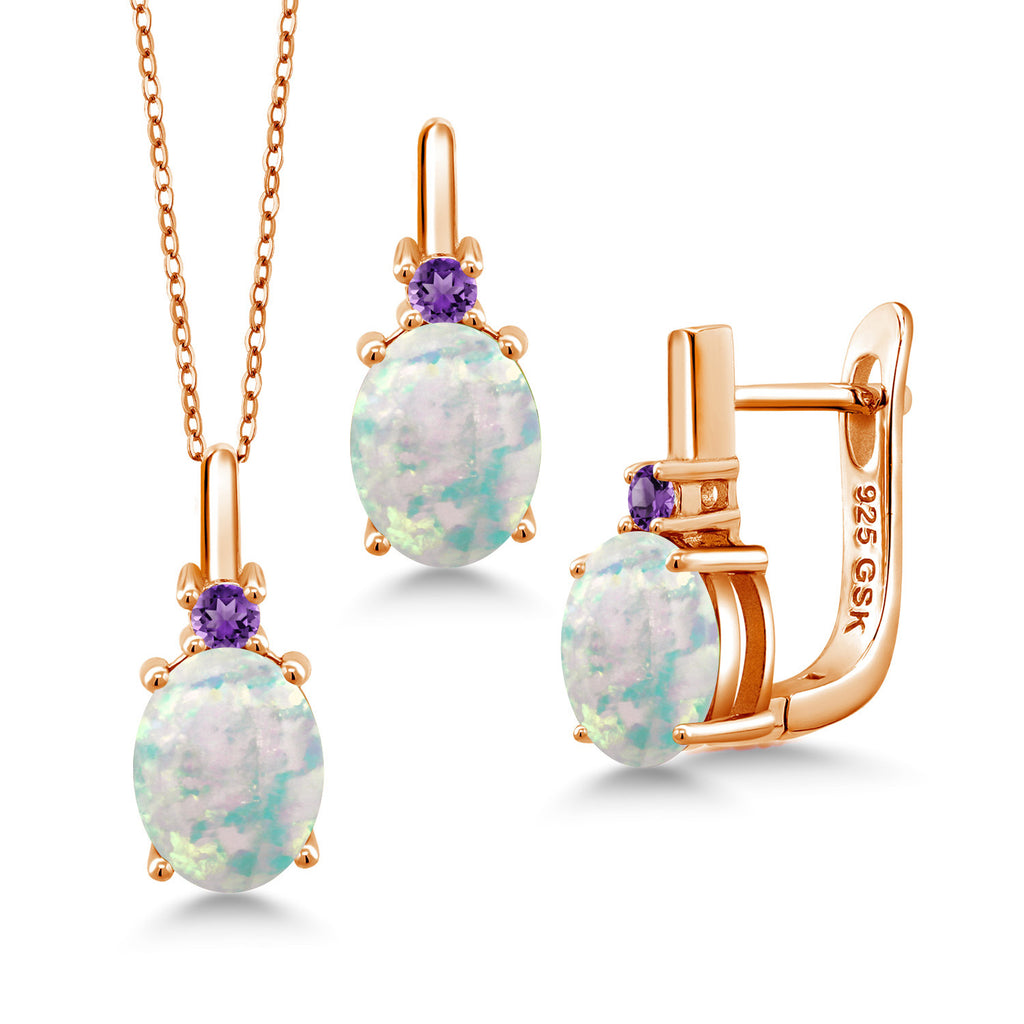 White Simulated Opal-Cabochon - October_Pendant Earrings Set in 925 Rose Gold Plated Silver