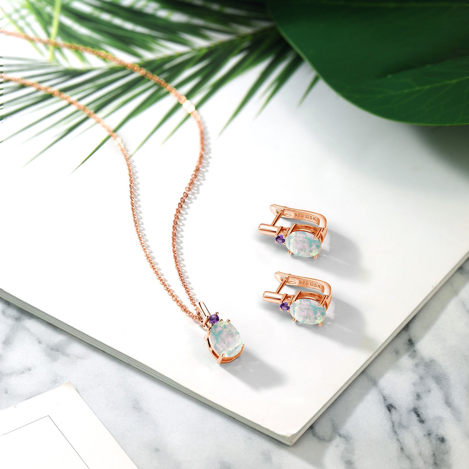Opal - October_Pendant Earrings Set in 925 Rose Gold Plated Silver