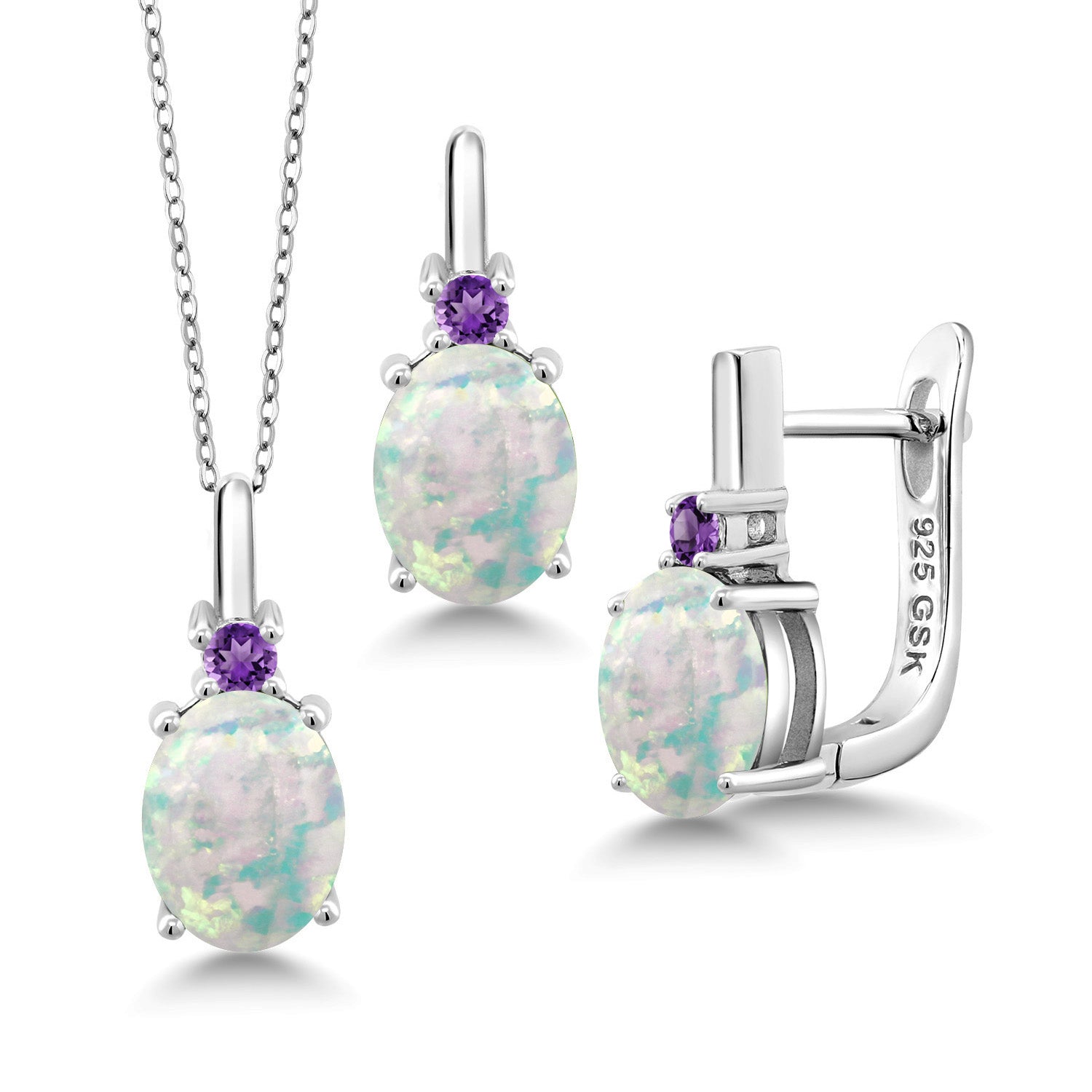 White Simulated Opal-Cabochon - October_Pendant Earrings Set in 925 Sterling Silver