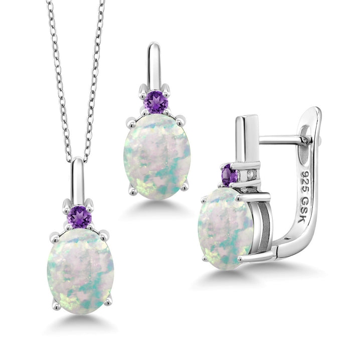 White Simulated Opal-Cabochon - October_Pendant Earrings Set in 925 Sterling Silver
