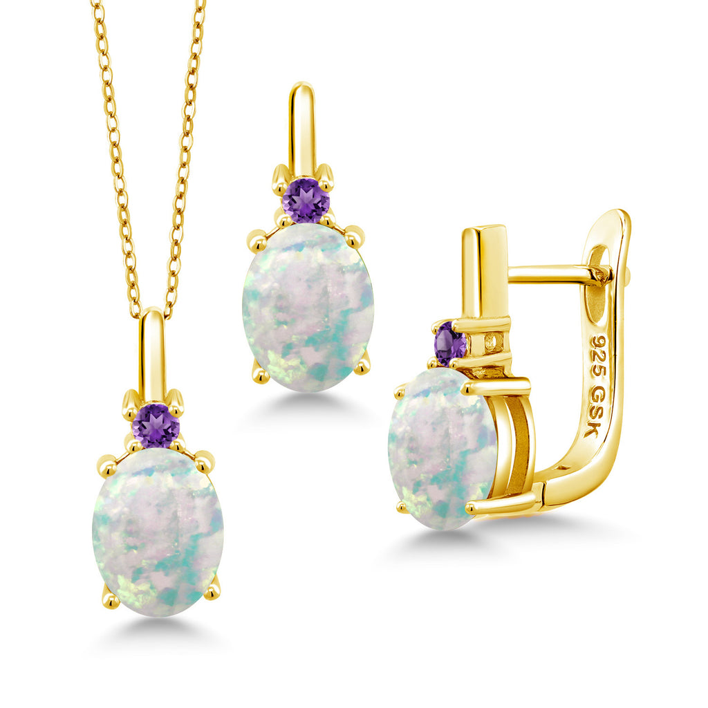 White Simulated Opal-Cabochon - October_Pendant Earrings Set in 925 Yellow Gold Plated Silver