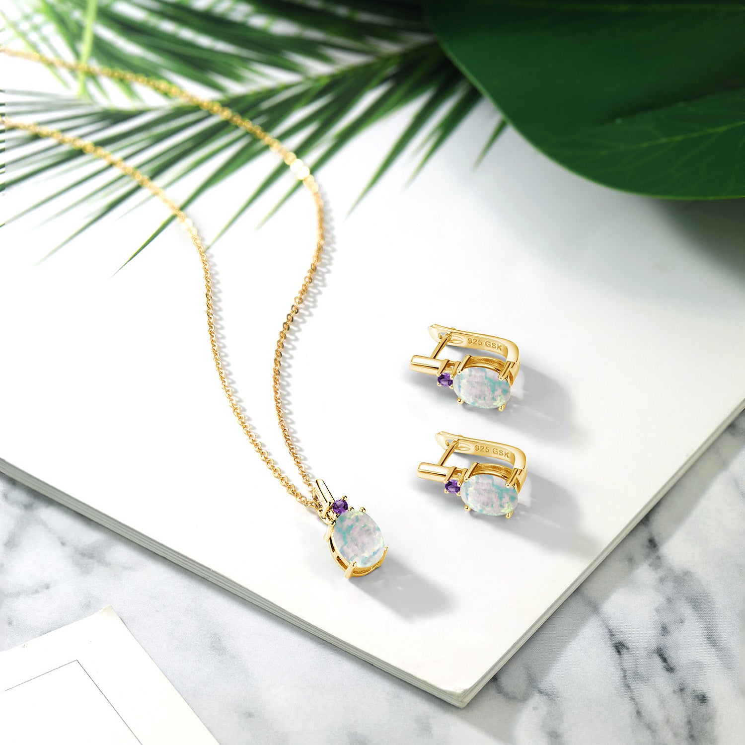 Opal - October_Pendant Earrings Set in 925 Yellow Gold Plated Silver
