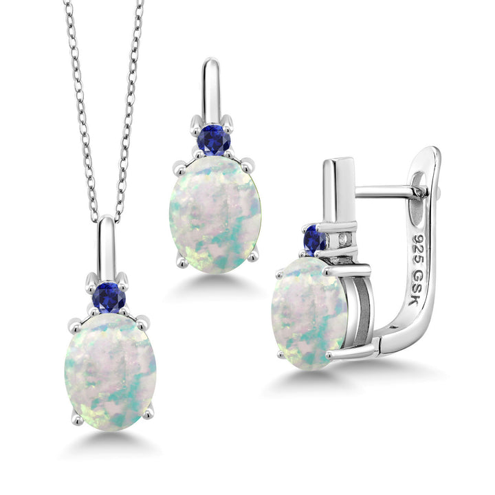 White Simulated Opal-Cabochon - October_Pendant Earrings Set in 925 Sterling Silver