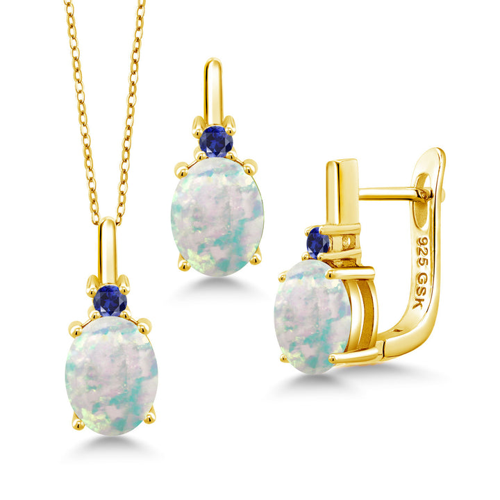 White Simulated Opal-Cabochon - October_Pendant Earrings Set in 925 Yellow Gold Plated Silver