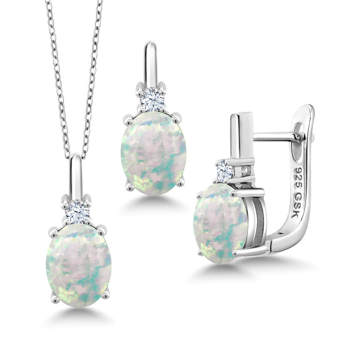 White Simulated Opal-Cabochon - October_Pendant Earrings Set in 925 Sterling Silver