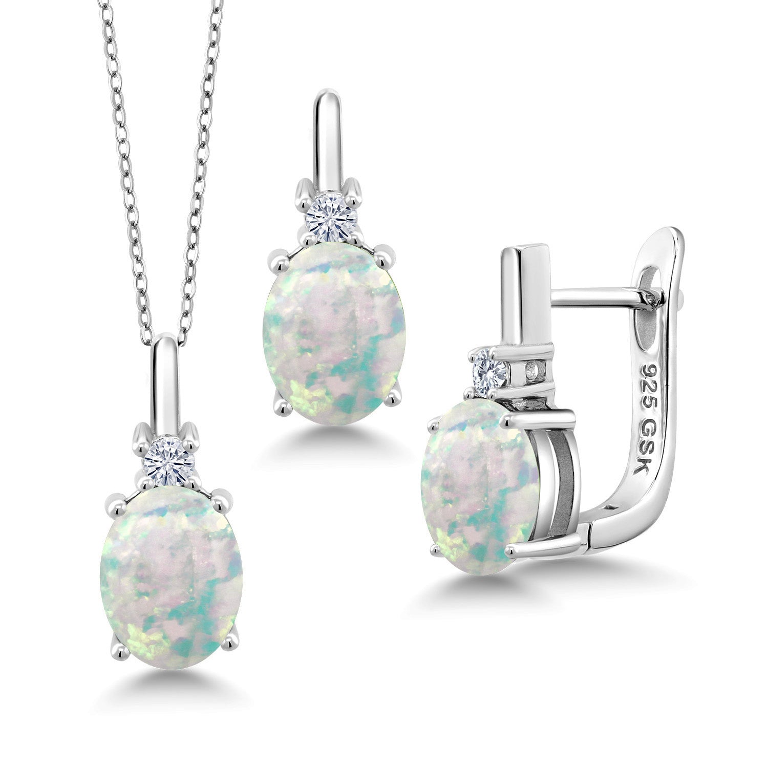 GemStoneKing White Simulated Opal Jewelry Set - 925 Sterling Silver, Oval Cabochon Pendant, Earrings, 4.85 Cttw, 18 Inch Chain