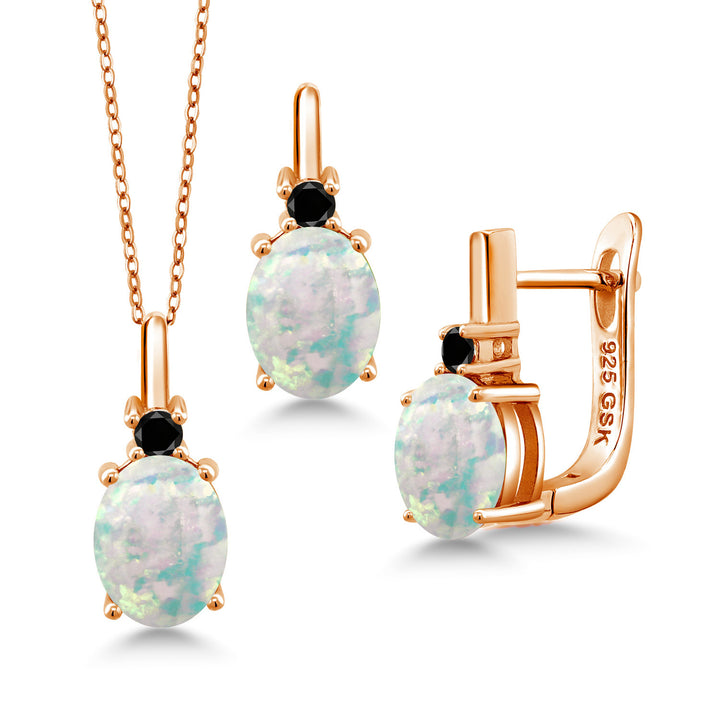 White Simulated Opal-Cabochon - October_Pendant Earrings Set in 925 Rose Gold Plated Silver