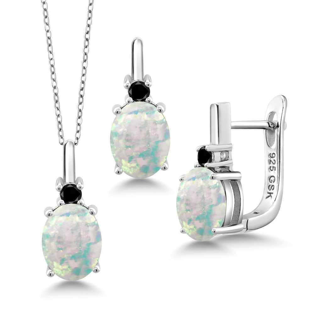 White Simulated Opal-Cabochon - October_Pendant Earrings Set in 925 Sterling Silver