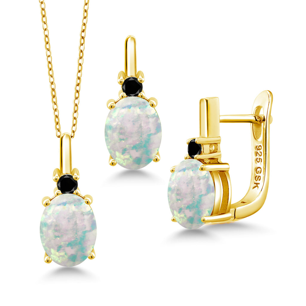 White Simulated Opal-Cabochon - October_Pendant Earrings Set in 925 Yellow Gold Plated Silver