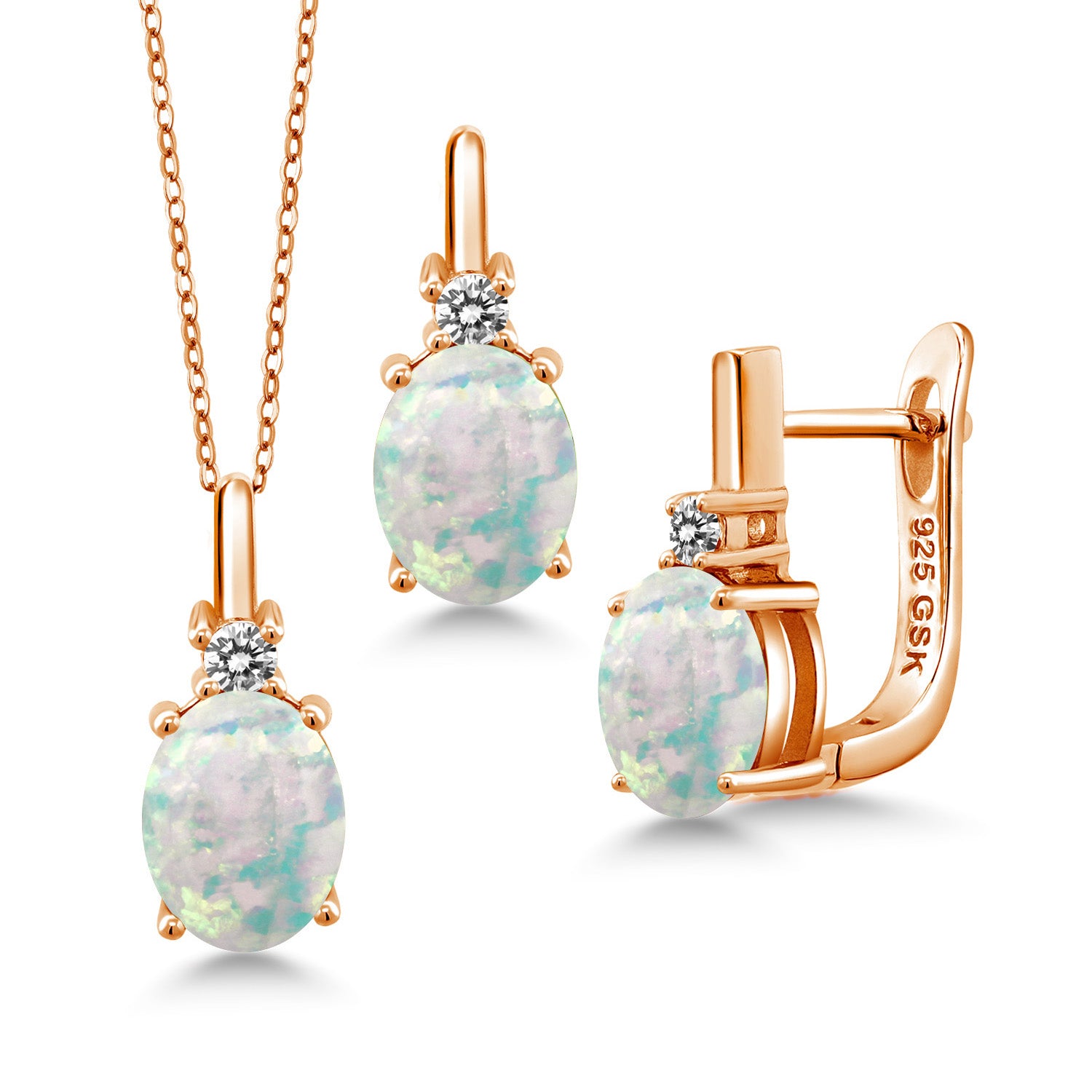 White Simulated Opal-Cabochon - October_Pendant Earrings Set in 925 Rose Gold Plated Silver