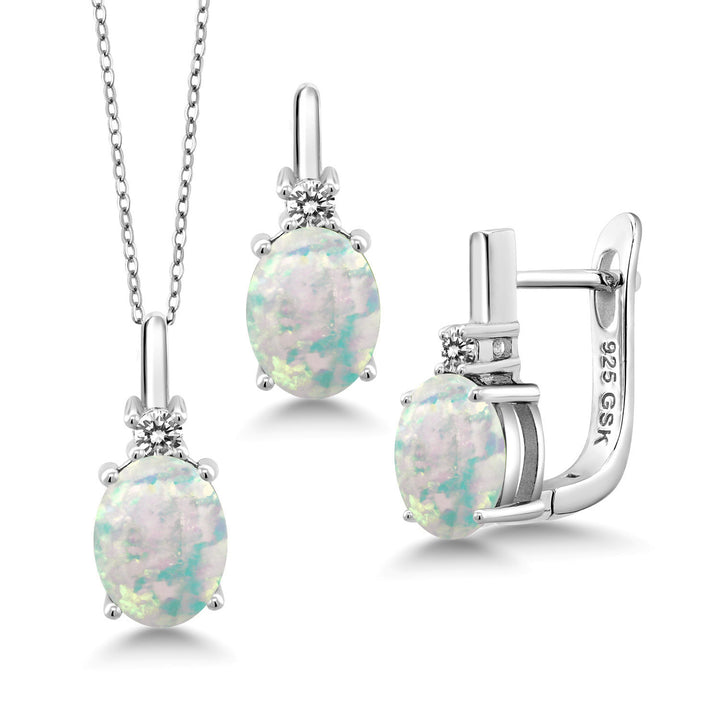 White Simulated Opal-Cabochon - October_Pendant Earrings Set in 925 Sterling Silver