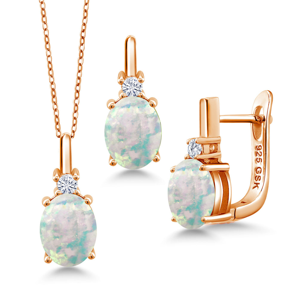 White Simulated Opal-Cabochon - October_Pendant Earrings Set in 925 Rose Gold Plated Silver