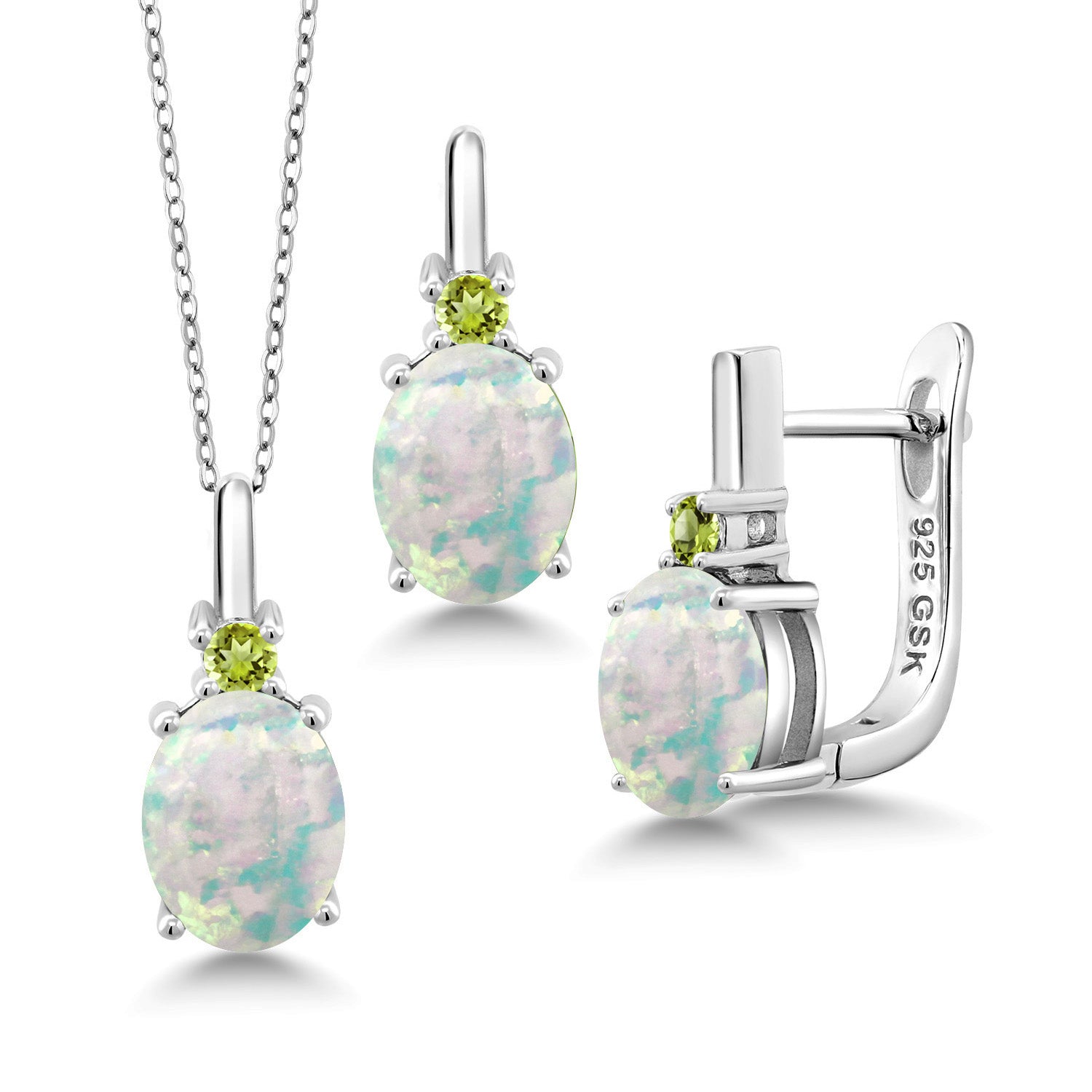 White Simulated Opal-Cabochon - October_Pendant Earrings Set in 925 Sterling Silver