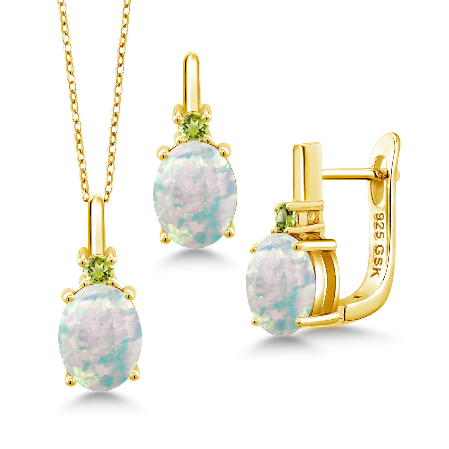 White Simulated Opal-Cabochon - October_Pendant Earrings Set in 925 Yellow Gold Plated Silver