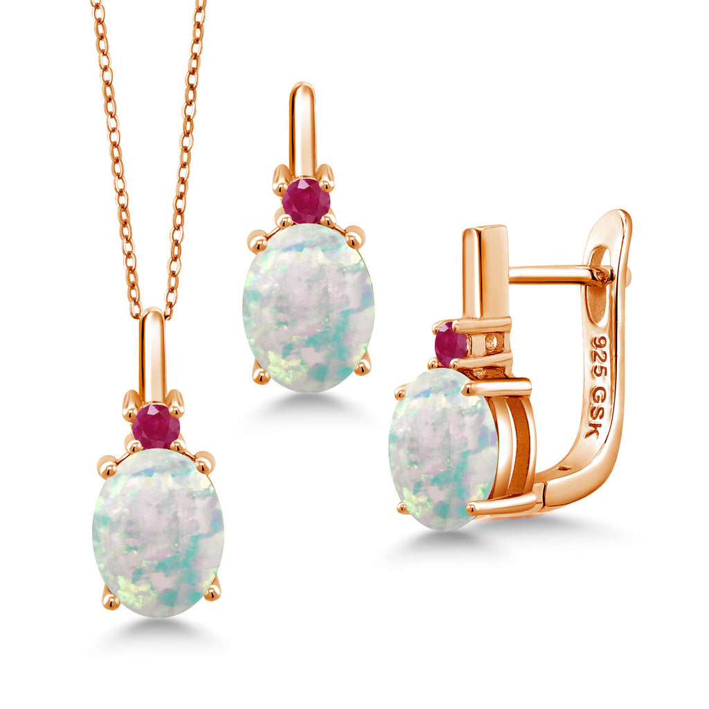 White Simulated Opal-Cabochon - October_Pendant Earrings Set in 925 Rose Gold Plated Silver