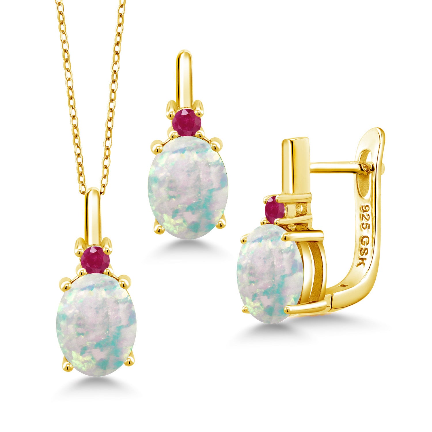 White Simulated Opal-Cabochon - October_Pendant Earrings Set in 925 Yellow Gold Plated Silver