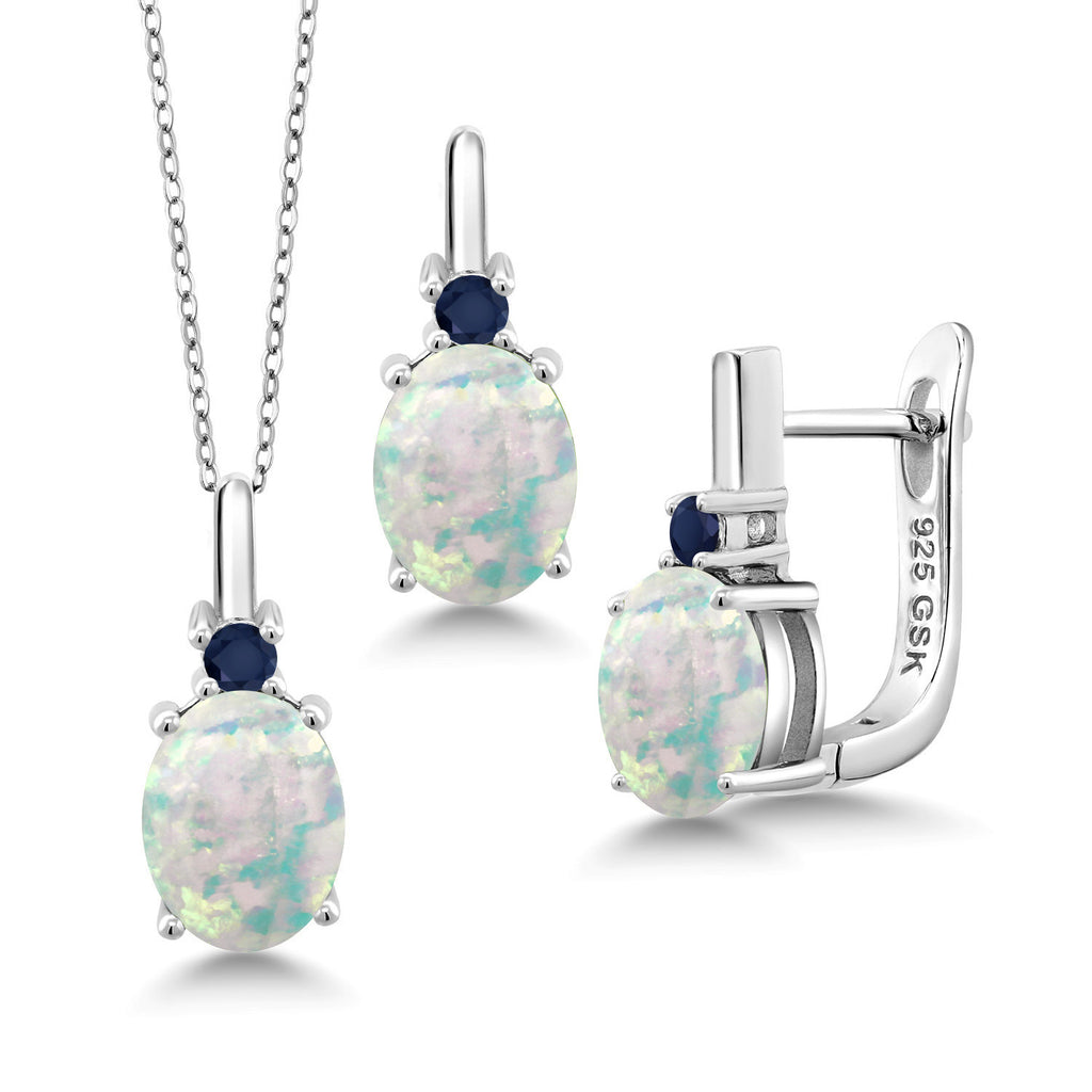 White Simulated Opal-Cabochon - October_Pendant Earrings Set in 925 Sterling Silver