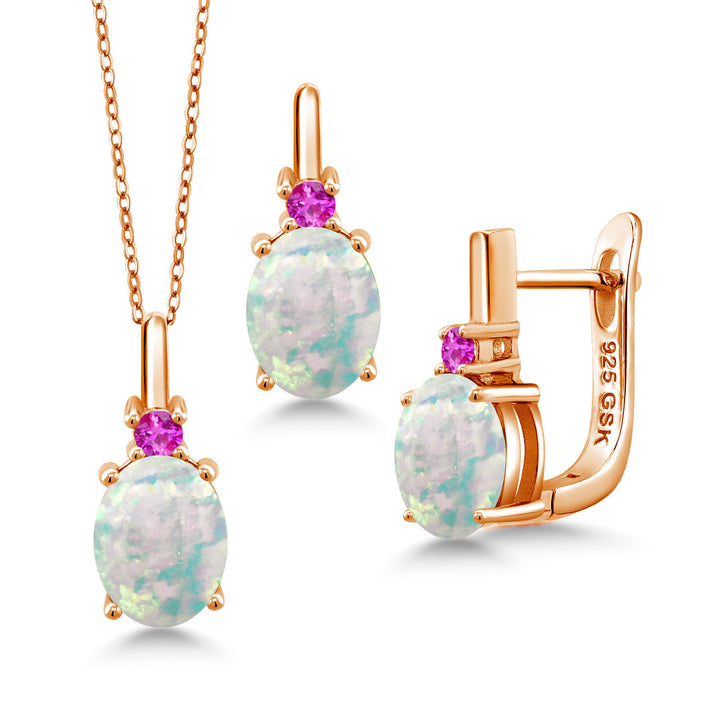 White Simulated Opal-Cabochon - October_Pendant Earrings Set in 925 Rose Gold Plated Silver