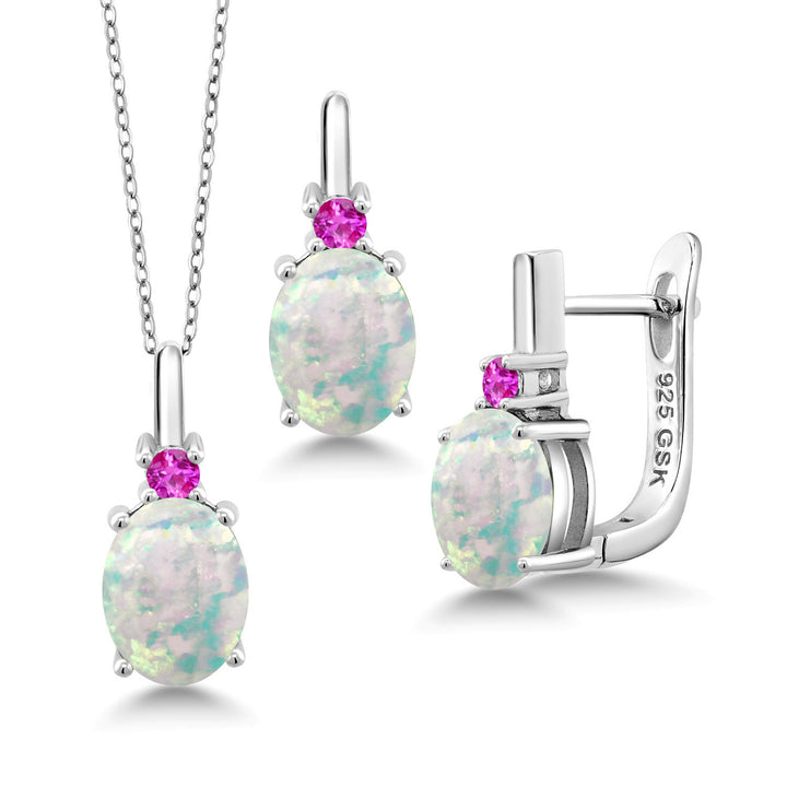 White Simulated Opal-Cabochon - October_Pendant Earrings Set in 925 Sterling Silver