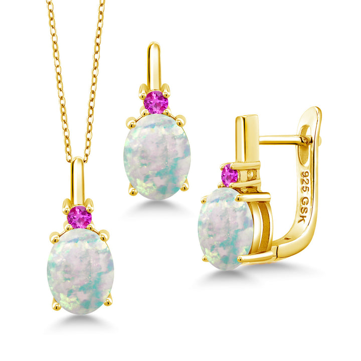 White Simulated Opal-Cabochon - October_Pendant Earrings Set in 925 Yellow Gold Plated Silver