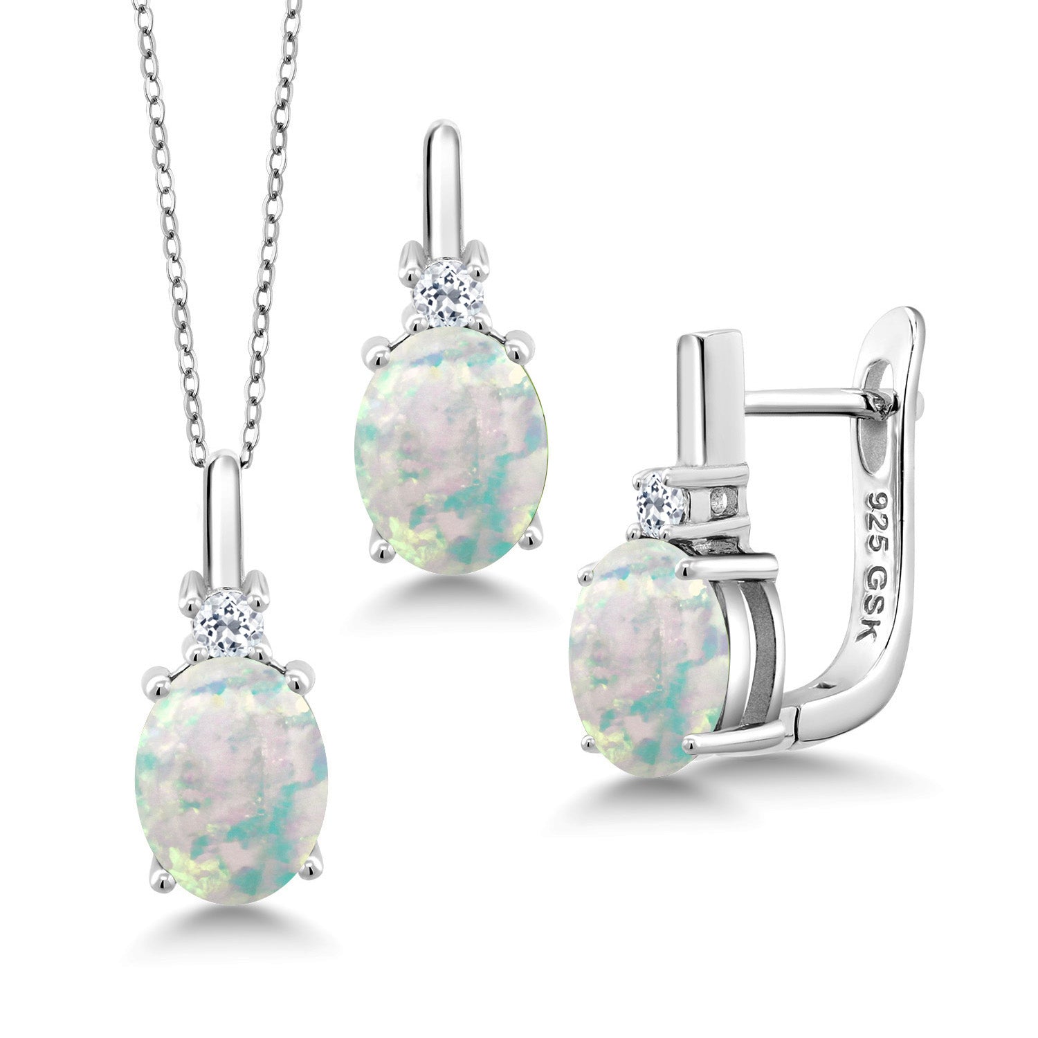 White Simulated Opal-Cabochon - October_Pendant Earrings Set in 925 Sterling Silver