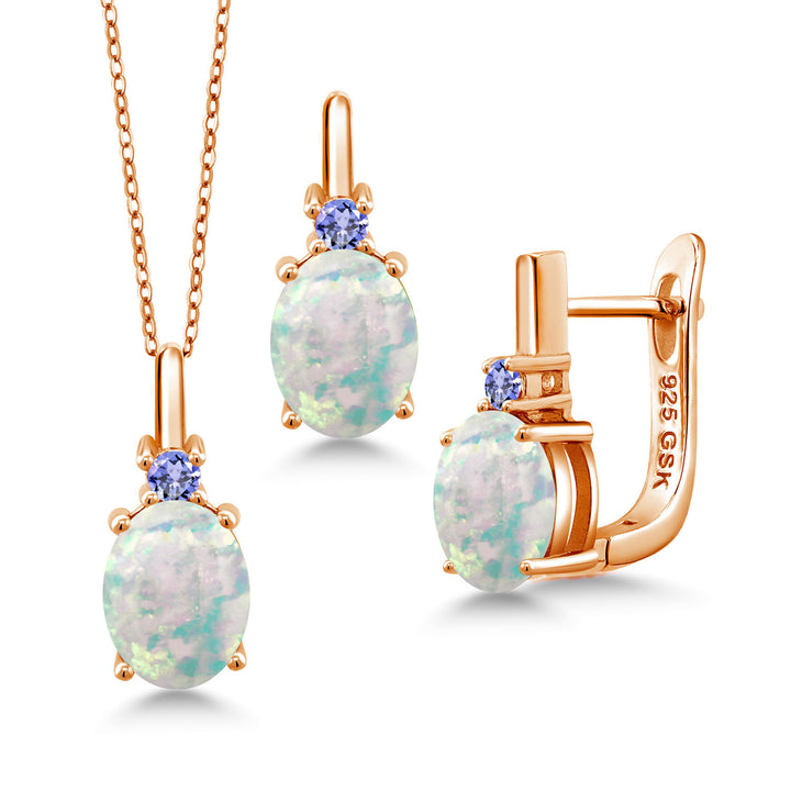 White Simulated Opal-Cabochon - October_Pendant Earrings Set in 925 Rose Gold Plated Silver