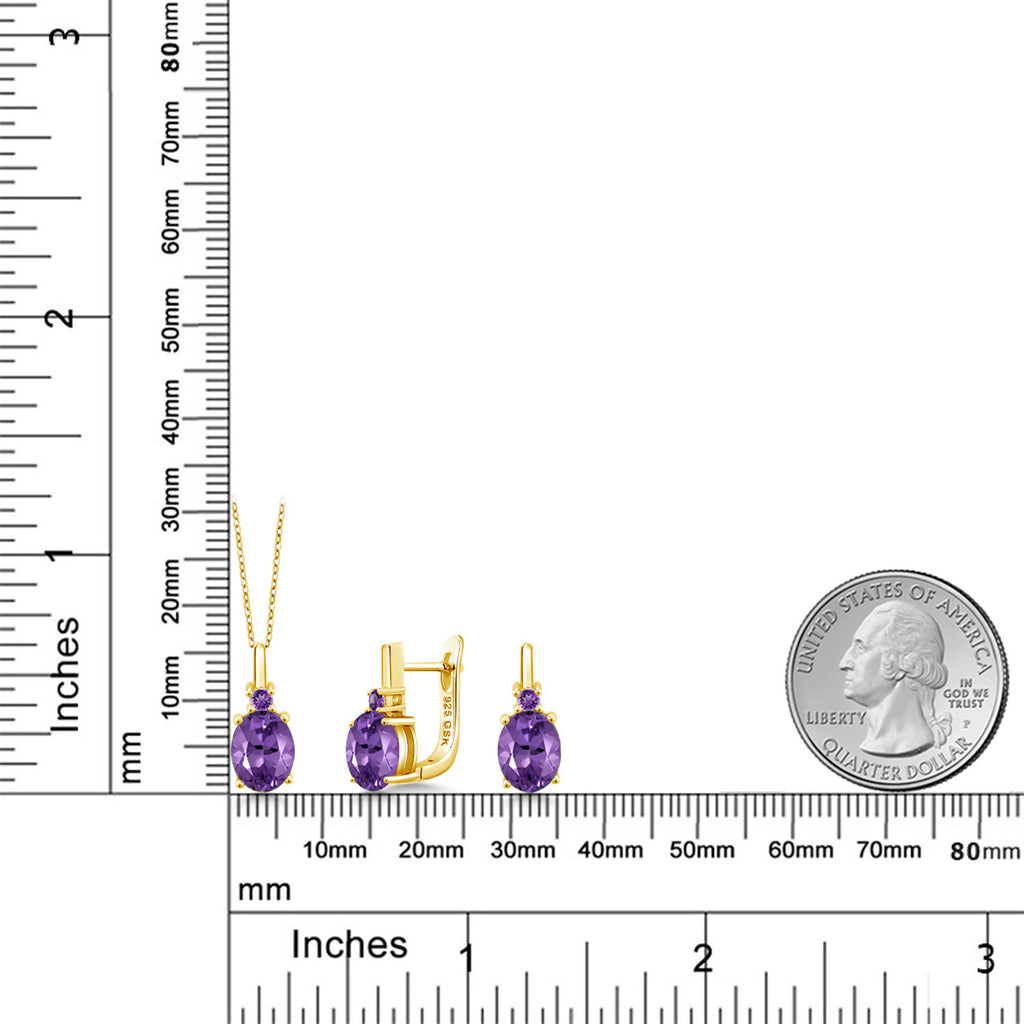 Amethyst - February_Pendant Earrings Set in 925 Yellow Gold Plated Silver