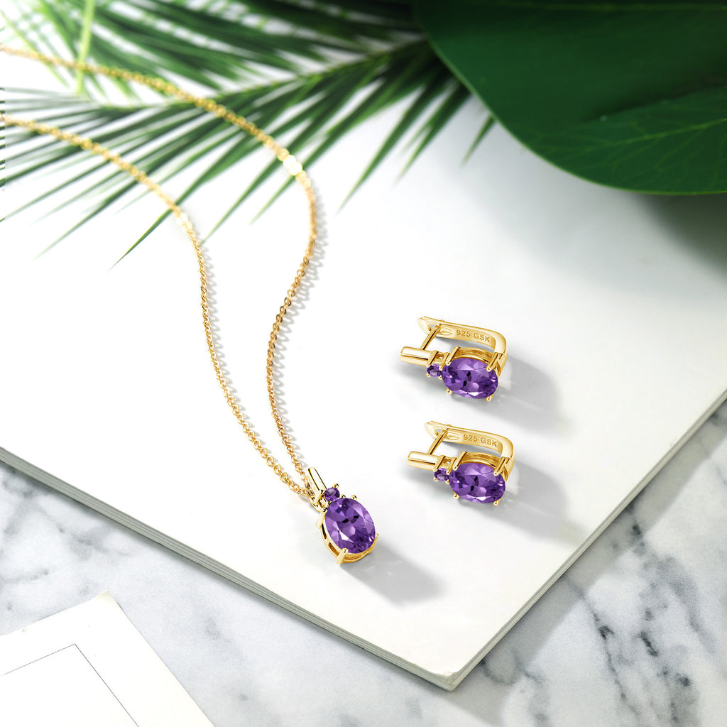 Amethyst - February_Pendant Earrings Set in 925 Yellow Gold Plated Silver