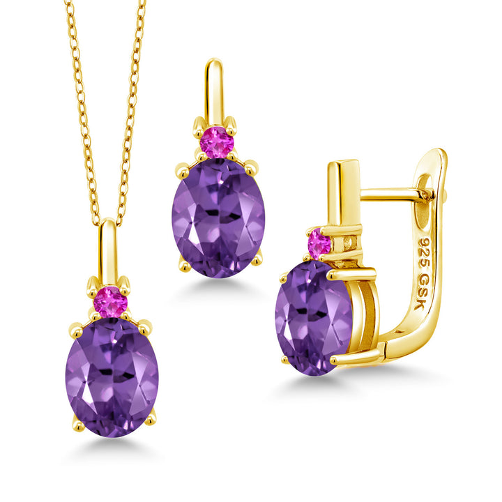 Amethyst - February_Pendant Earrings Set in 925 Yellow Gold Plated Silver