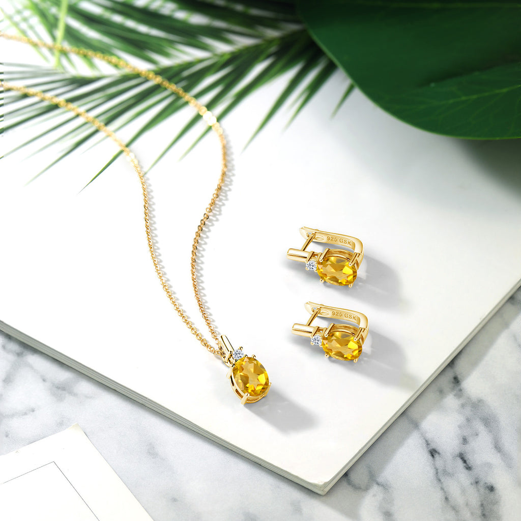 Citrine - November_Pendant Earrings Set in 925 Yellow Gold Plated Silver
