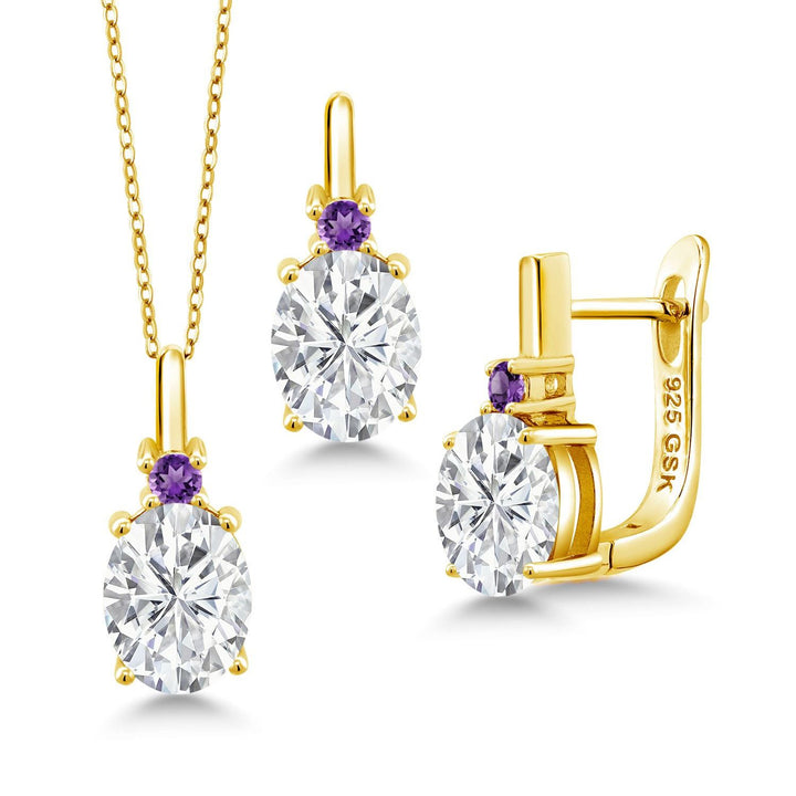 White Moissanite - April_Pendant Earrings Set in 925 Yellow Gold Plated Silver