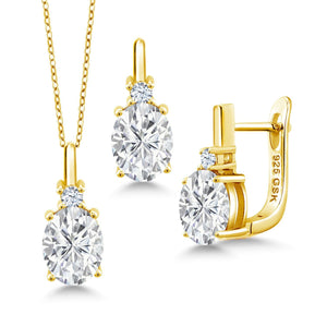 White Moissanite - April_Pendant Earrings Set in 925 Yellow Gold Plated Silver