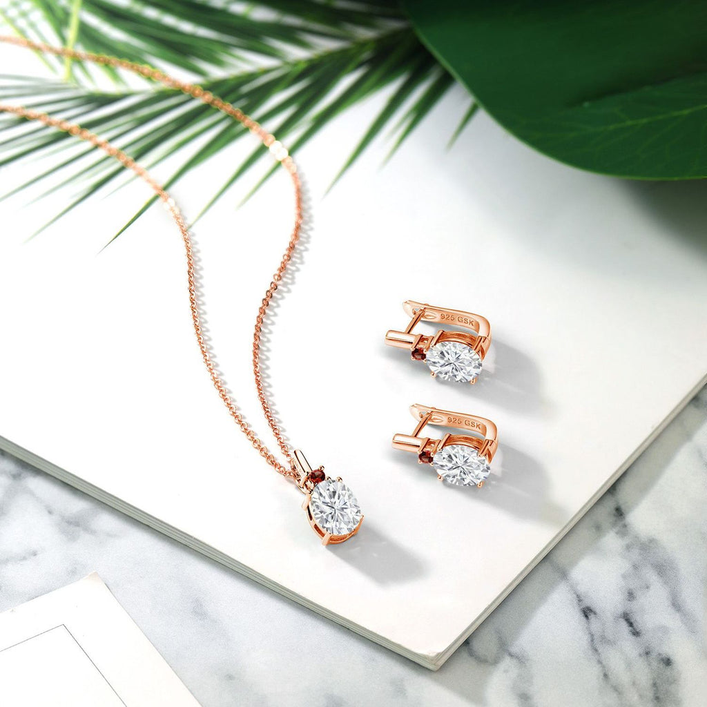 Moissanite - April_Pendant Earrings Set in 925 Rose Gold Plated Silver