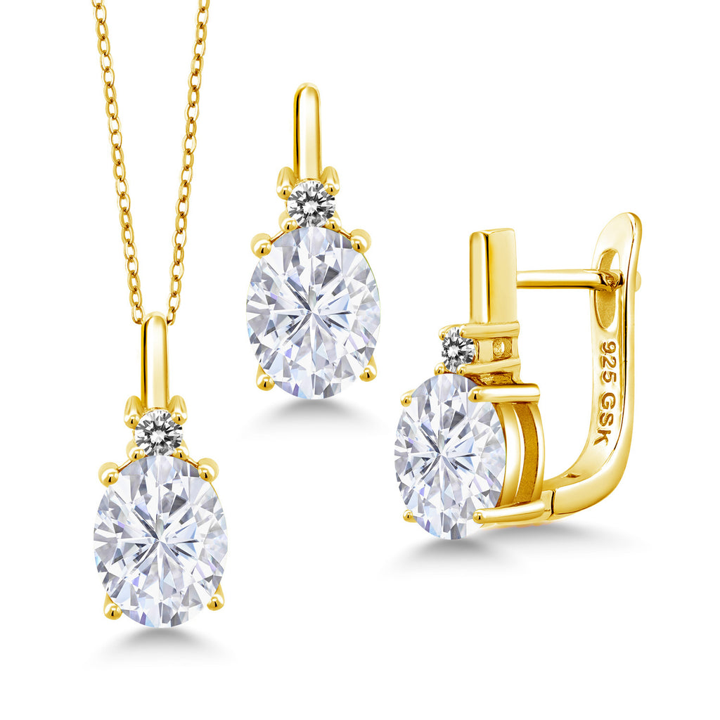 White Moissanite - April_Pendant Earrings Set in 925 Yellow Gold Plated Silver